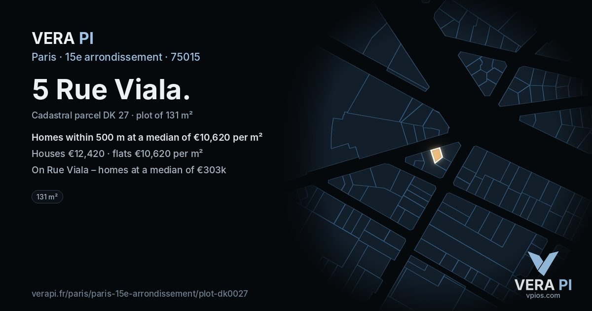 5 Rue Viala, 15e arrondissement at night – the plot lit, the parcels around coloured by the prices near them