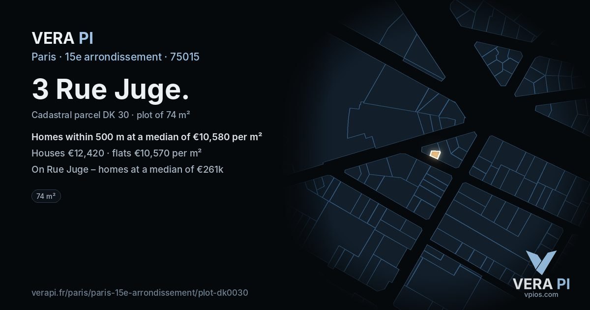 3 Rue Juge, 15e arrondissement at night – the plot lit, the parcels around coloured by the prices near them