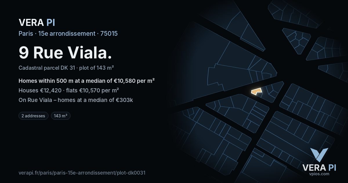 9 Rue Viala, 15e arrondissement at night – the plot lit, the parcels around coloured by the prices near them
