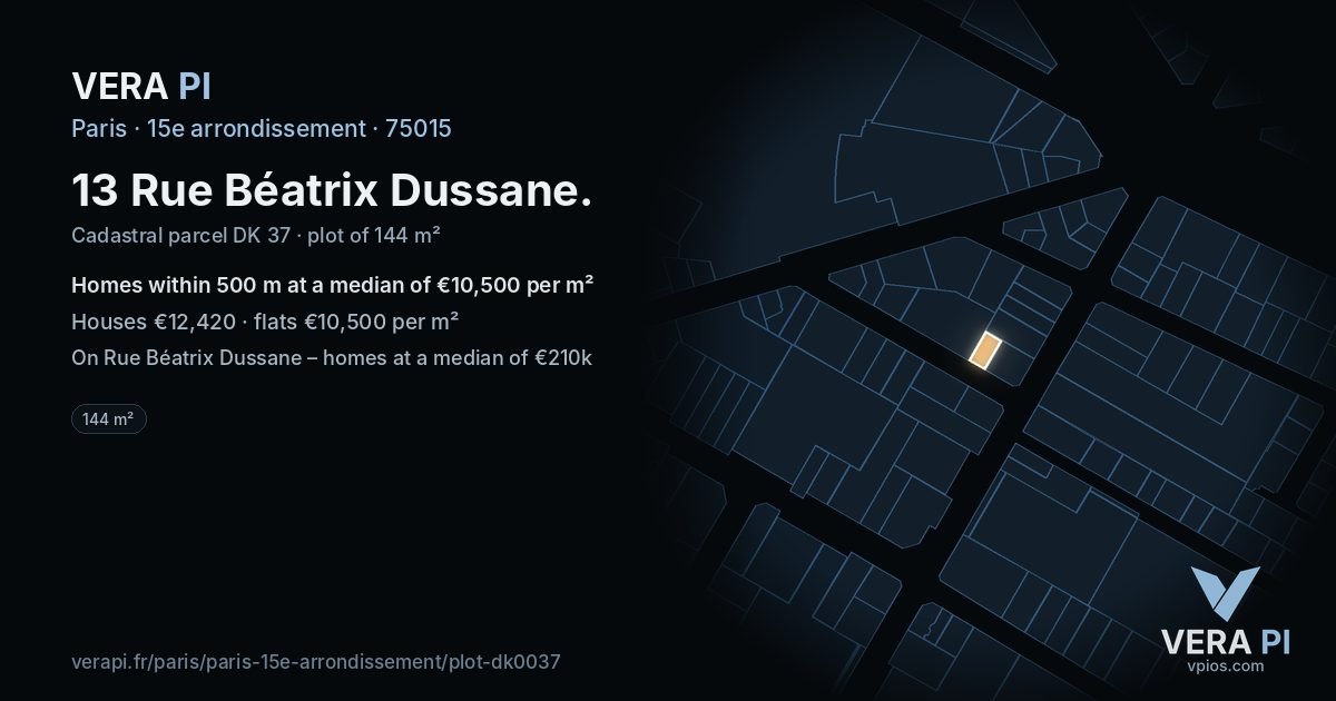 13 Rue Béatrix Dussane, 15e arrondissement at night – the plot lit, the parcels around coloured by the prices near them