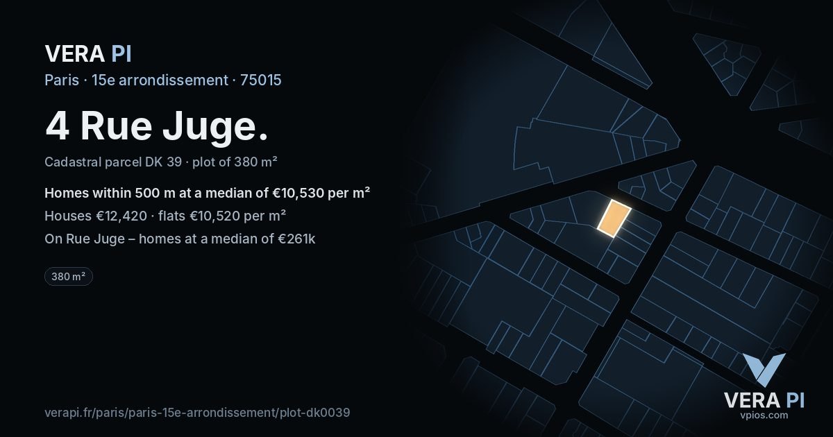 4 Rue Juge, 15e arrondissement at night – the plot lit, the parcels around coloured by the prices near them
