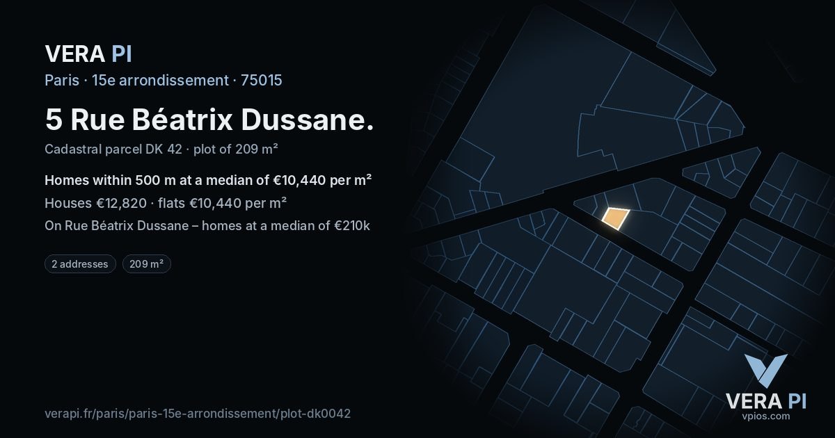 5 Rue Béatrix Dussane, 15e arrondissement at night – the plot lit, the parcels around coloured by the prices near them