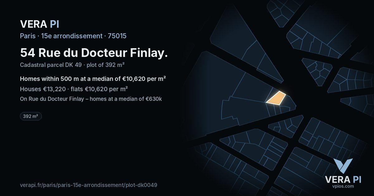 54 Rue du Docteur Finlay, 15e arrondissement at night – the plot lit, the parcels around coloured by the prices near them