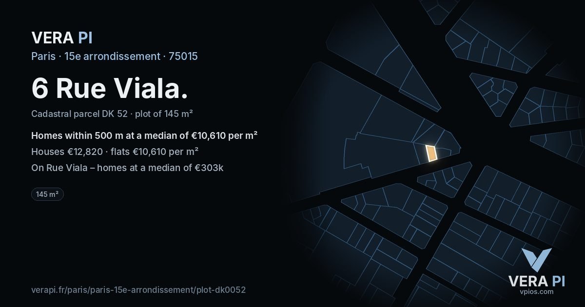 6 Rue Viala, 15e arrondissement at night – the plot lit, the parcels around coloured by the prices near them