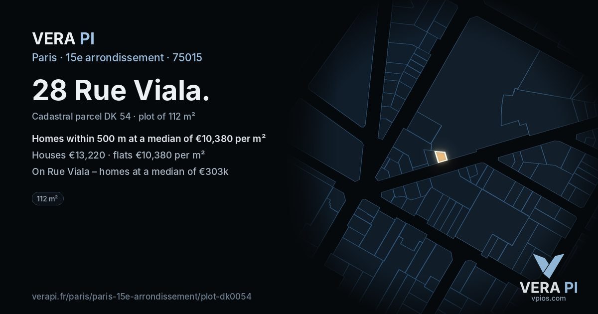 28 Rue Viala, 15e arrondissement at night – the plot lit, the parcels around coloured by the prices near them