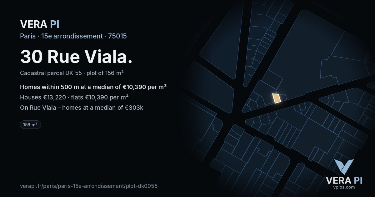 30 Rue Viala, 15e arrondissement at night – the plot lit, the parcels around coloured by the prices near them