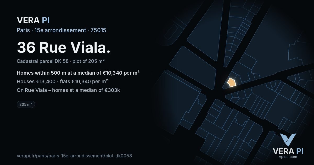36 Rue Viala, 15e arrondissement at night – the plot lit, the parcels around coloured by the prices near them