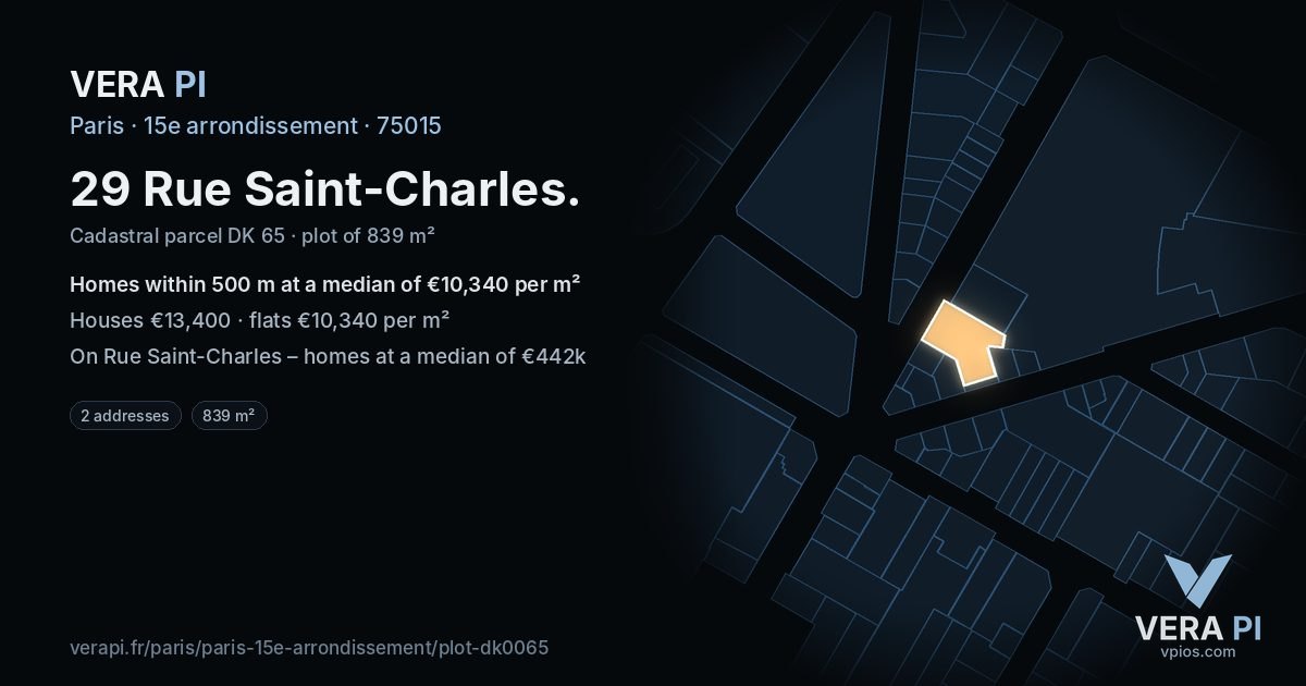29 Rue Saint-Charles, 15e arrondissement at night – the plot lit, the parcels around coloured by the prices near them