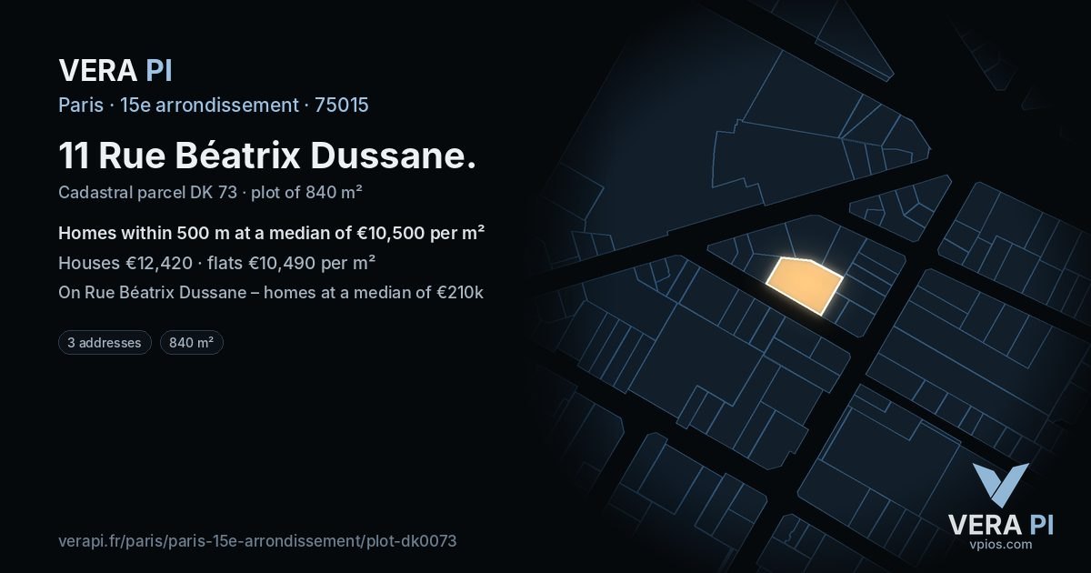 11 Rue Béatrix Dussane, 15e arrondissement at night – the plot lit, the parcels around coloured by the prices near them