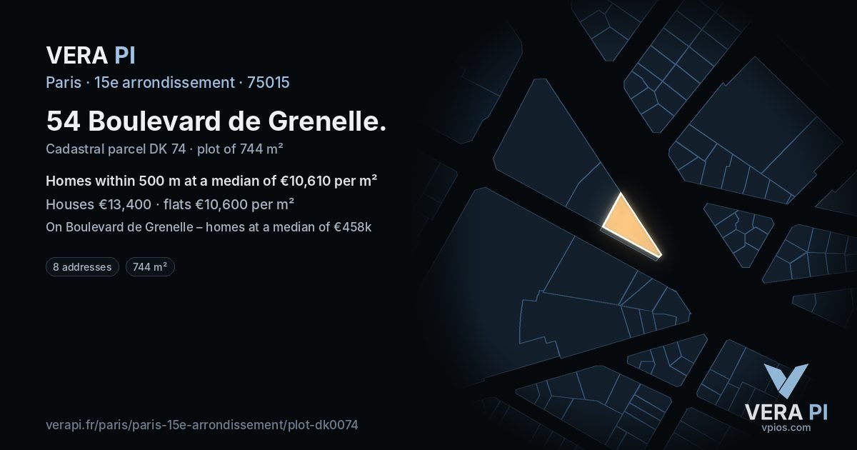 54 Boulevard de Grenelle, 15e arrondissement at night – the plot lit, the parcels around coloured by the prices near them