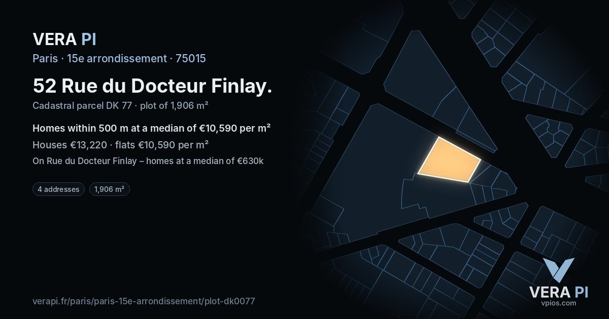 52 Rue du Docteur Finlay, 15e arrondissement at night – the plot lit, the parcels around coloured by the prices near them