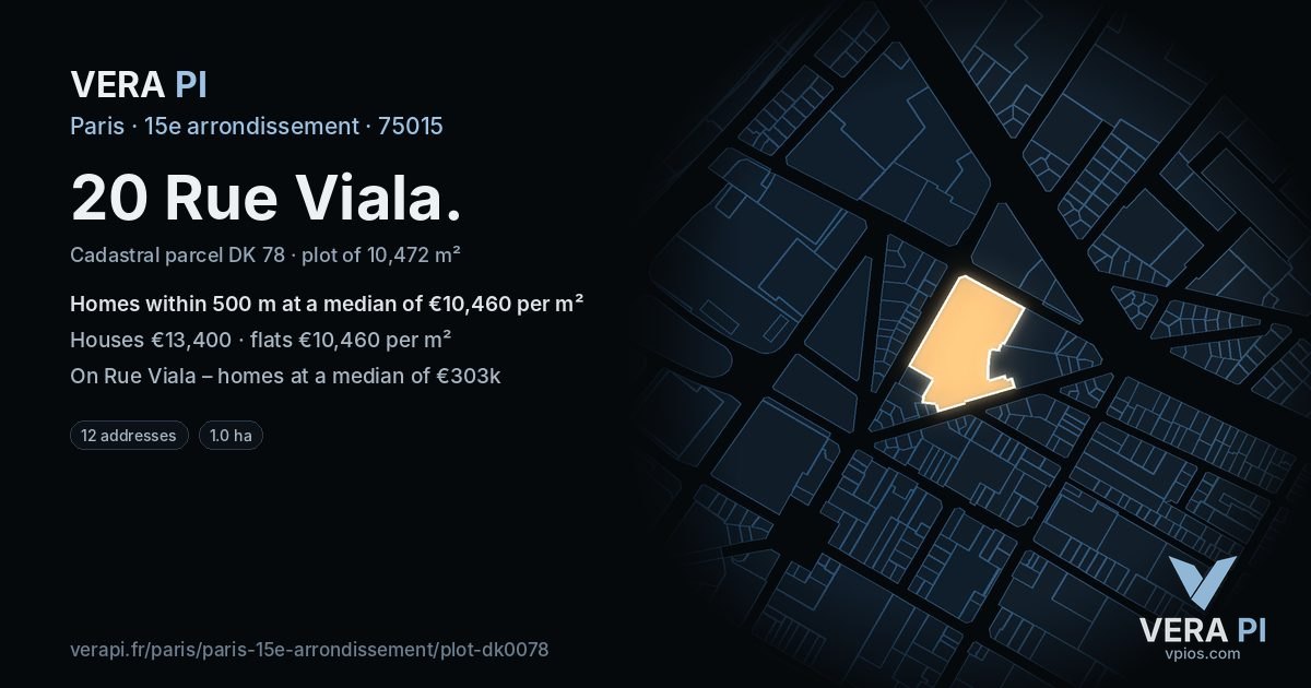 20 Rue Viala, 15e arrondissement at night – the plot lit, the parcels around coloured by the prices near them