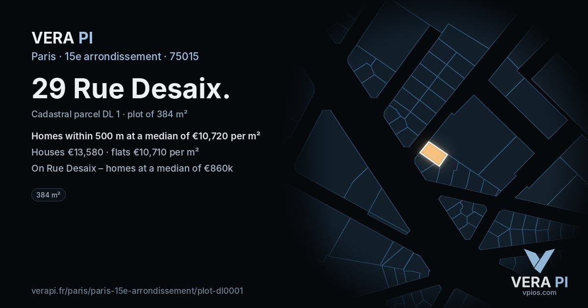 29 Rue Desaix, 15e arrondissement at night – the plot lit, the parcels around coloured by the prices near them