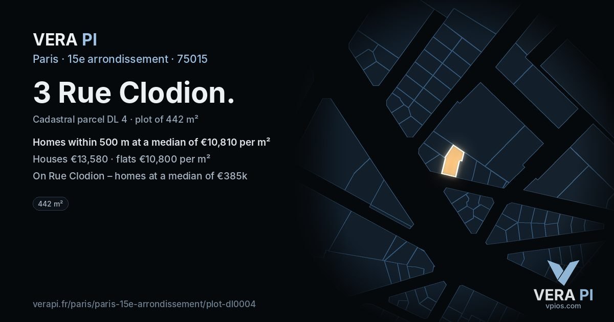 3 Rue Clodion, 15e arrondissement at night – the plot lit, the parcels around coloured by the prices near them