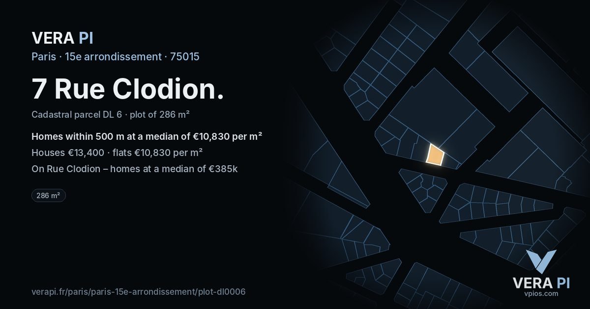 7 Rue Clodion, 15e arrondissement at night – the plot lit, the parcels around coloured by the prices near them