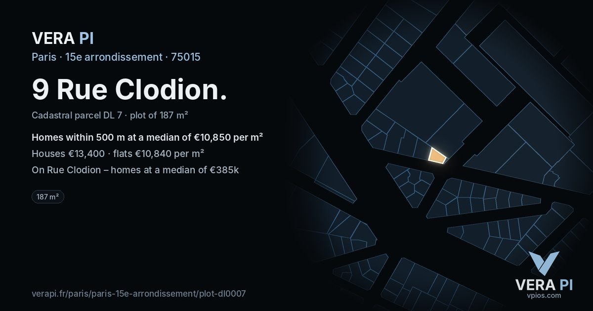 9 Rue Clodion, 15e arrondissement at night – the plot lit, the parcels around coloured by the prices near them