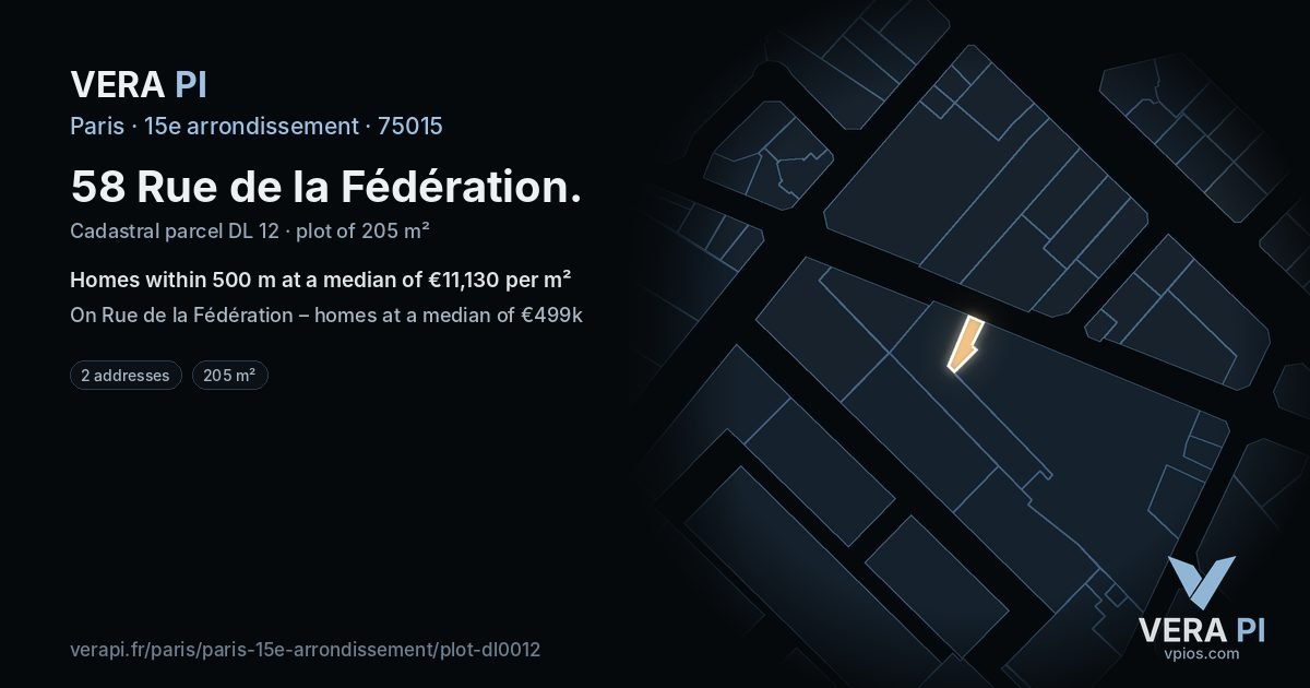 58 Rue de la Fédération, 15e arrondissement at night – the plot lit, the parcels around coloured by the prices near them