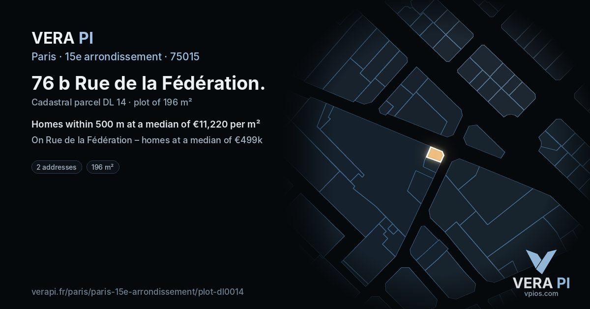 76 b Rue de la Fédération, 15e arrondissement at night – the plot lit, the parcels around coloured by the prices near them