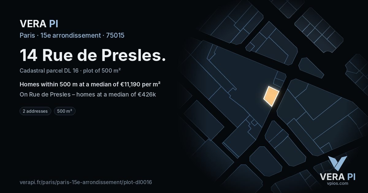 14 Rue de Presles, 15e arrondissement at night – the plot lit, the parcels around coloured by the prices near them