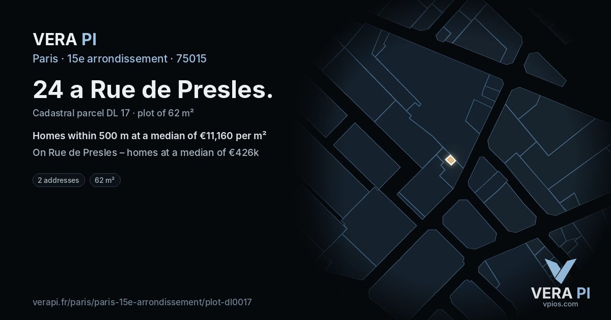 24 a Rue de Presles, 15e arrondissement at night – the plot lit, the parcels around coloured by the prices near them