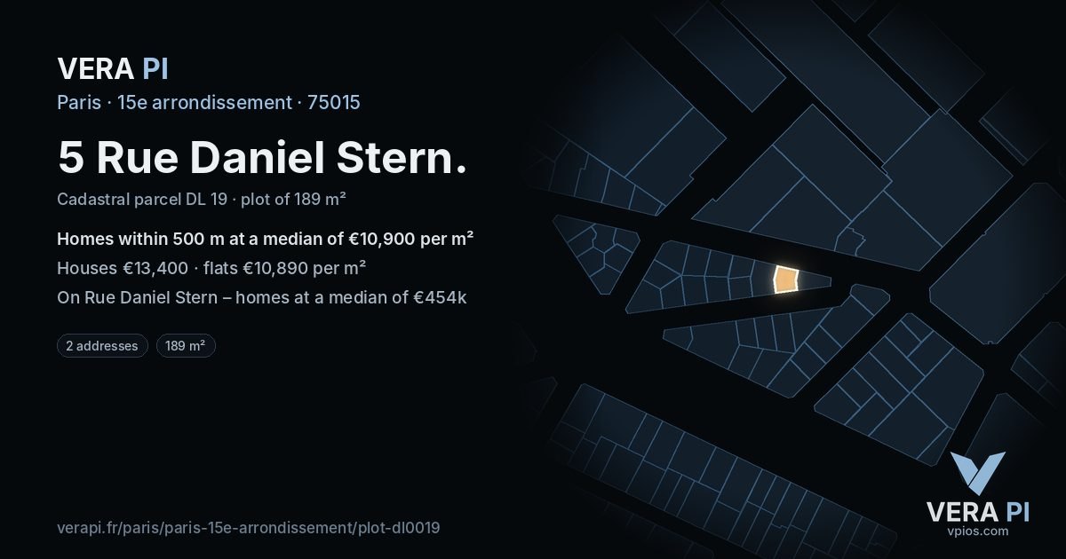 5 Rue Daniel Stern, 15e arrondissement at night – the plot lit, the parcels around coloured by the prices near them