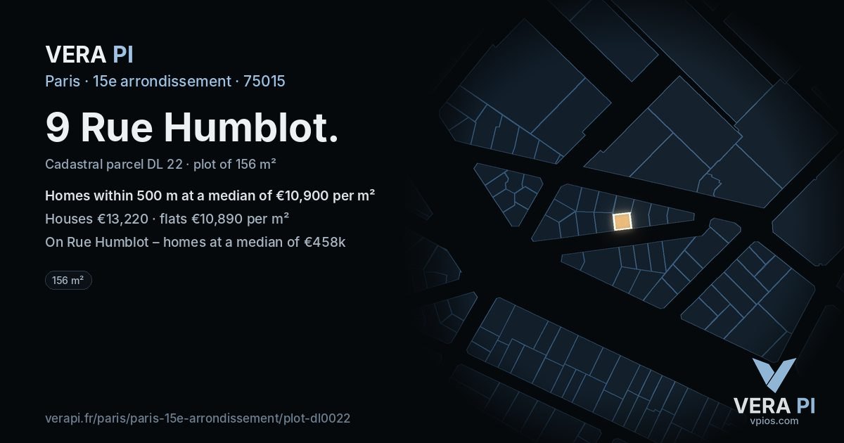 9 Rue Humblot, 15e arrondissement at night – the plot lit, the parcels around coloured by the prices near them