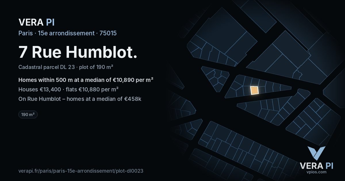 7 Rue Humblot, 15e arrondissement at night – the plot lit, the parcels around coloured by the prices near them