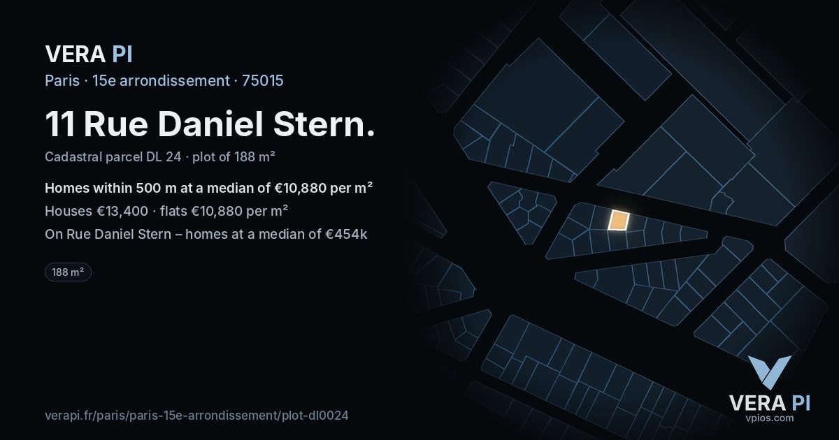 11 Rue Daniel Stern, 15e arrondissement at night – the plot lit, the parcels around coloured by the prices near them