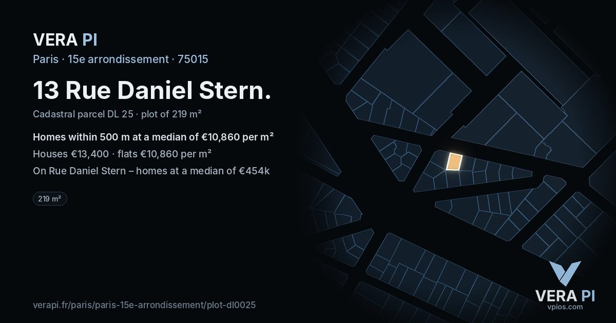 13 Rue Daniel Stern, 15e arrondissement at night – the plot lit, the parcels around coloured by the prices near them