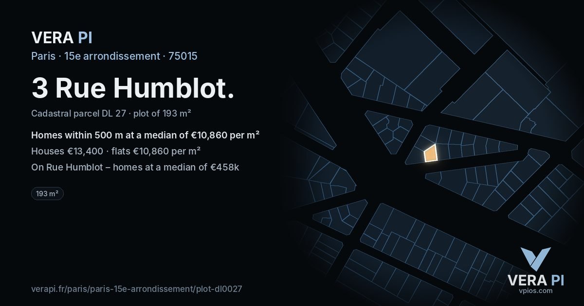 3 Rue Humblot, 15e arrondissement at night – the plot lit, the parcels around coloured by the prices near them