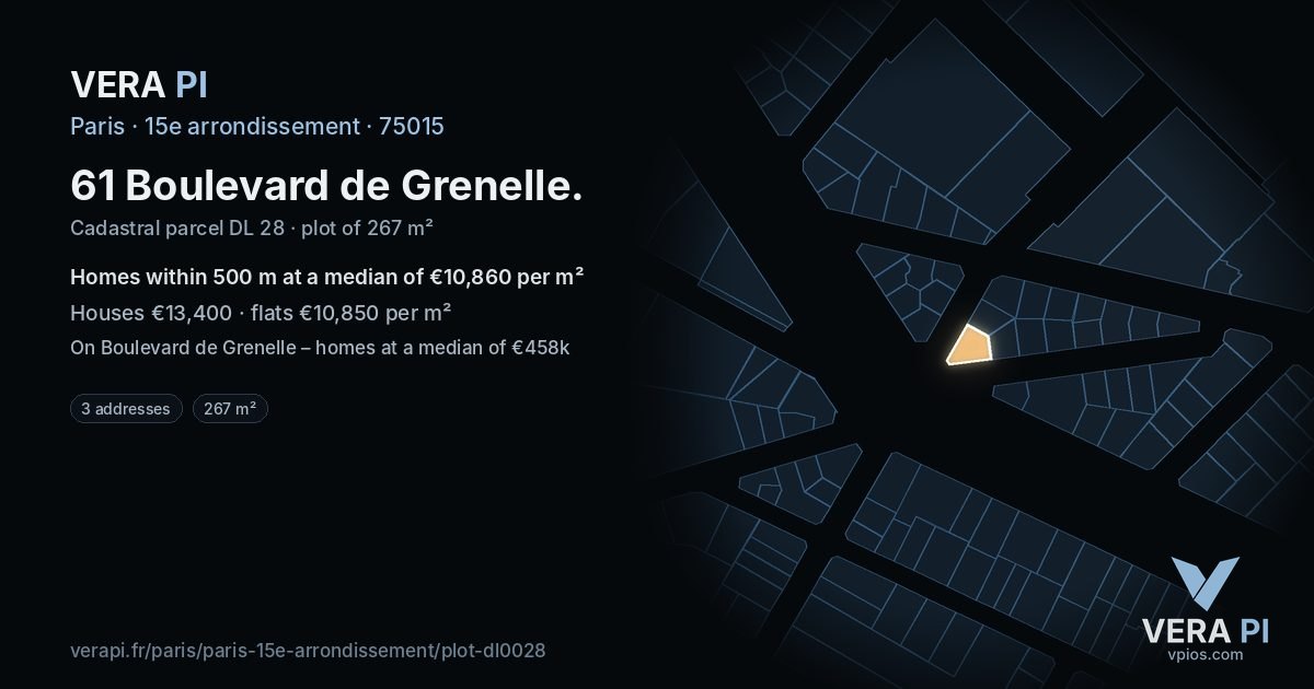 61 Boulevard de Grenelle, 15e arrondissement at night – the plot lit, the parcels around coloured by the prices near them
