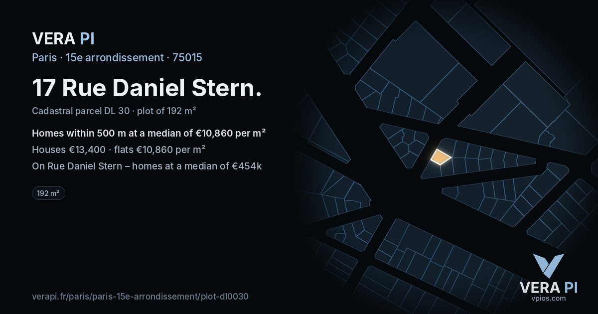 17 Rue Daniel Stern, 15e arrondissement at night – the plot lit, the parcels around coloured by the prices near them