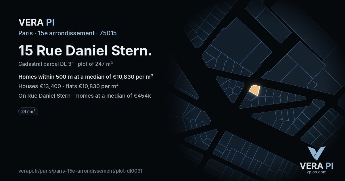 15 Rue Daniel Stern, 15e arrondissement at night – the plot lit, the parcels around coloured by the prices near them