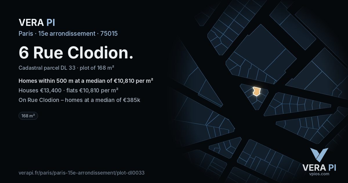 6 Rue Clodion, 15e arrondissement at night – the plot lit, the parcels around coloured by the prices near them