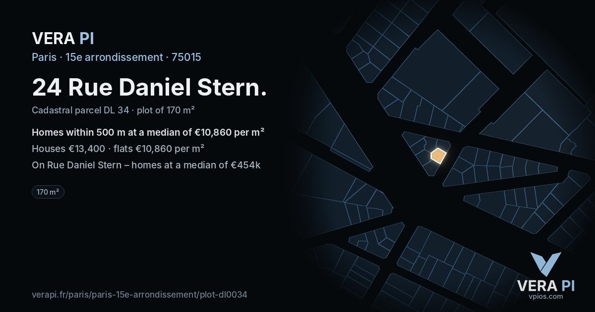 24 Rue Daniel Stern, 15e arrondissement at night – the plot lit, the parcels around coloured by the prices near them