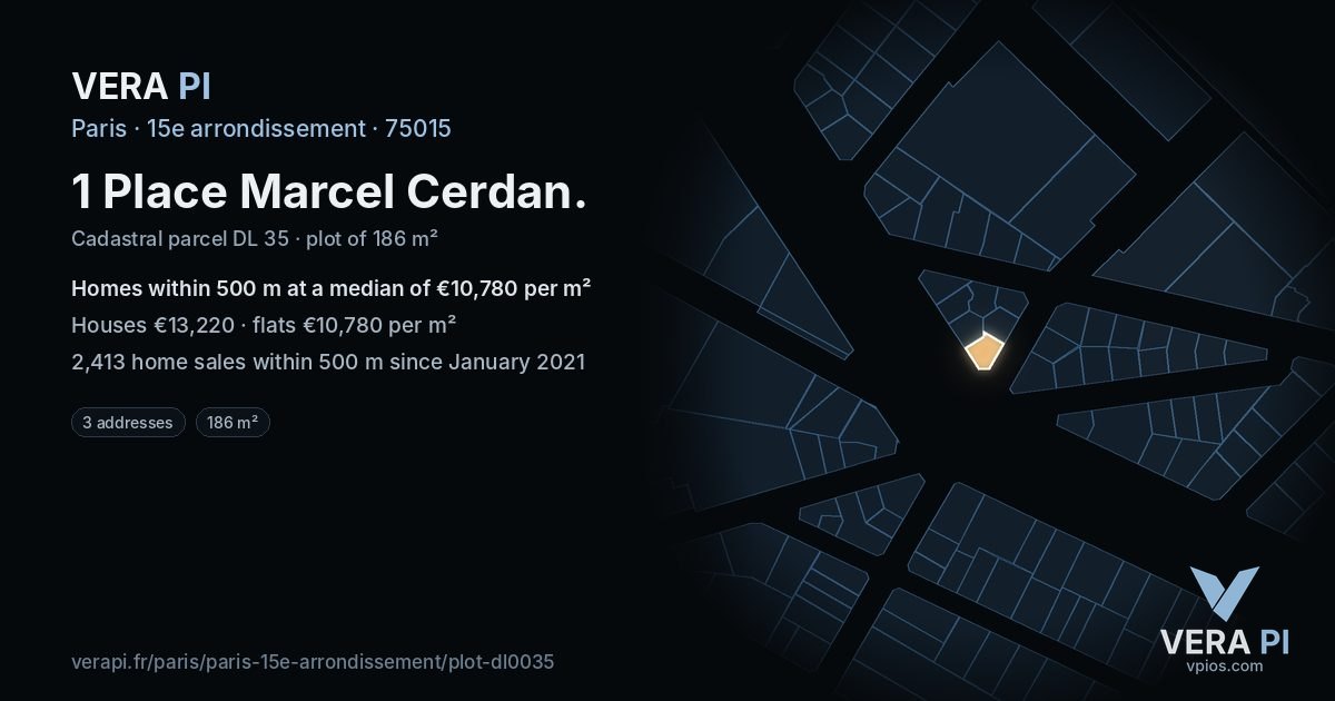 1 Place Marcel Cerdan, 15e arrondissement at night – the plot lit, the parcels around coloured by the prices near them