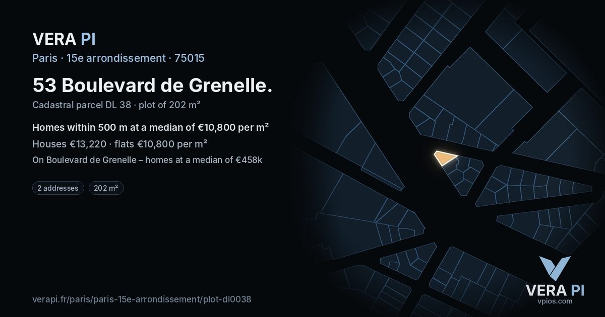 53 Boulevard de Grenelle, 15e arrondissement at night – the plot lit, the parcels around coloured by the prices near them