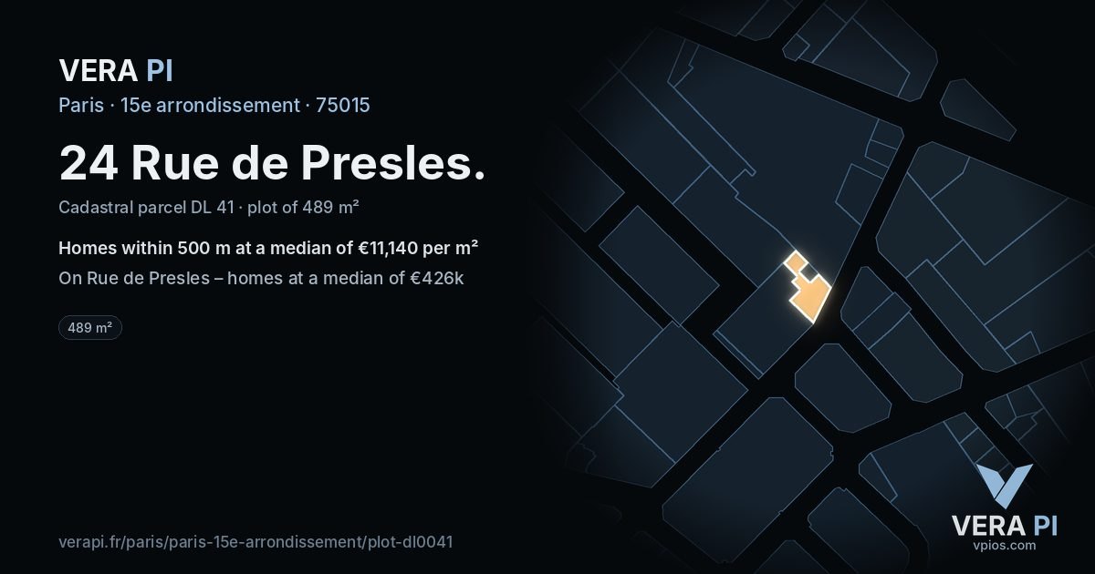 24 Rue de Presles, 15e arrondissement at night – the plot lit, the parcels around coloured by the prices near them