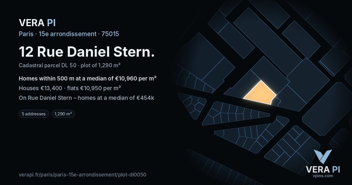 12 Rue Daniel Stern, 15e arrondissement at night – the plot lit, the parcels around coloured by the prices near them