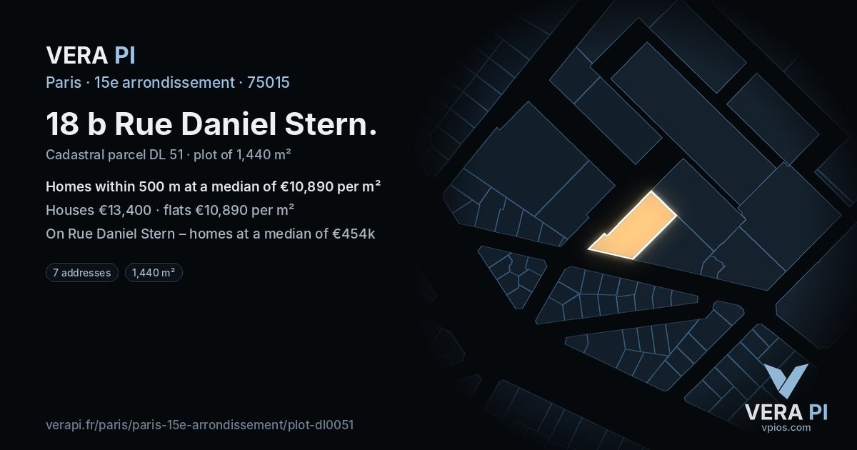 18 b Rue Daniel Stern, 15e arrondissement at night – the plot lit, the parcels around coloured by the prices near them
