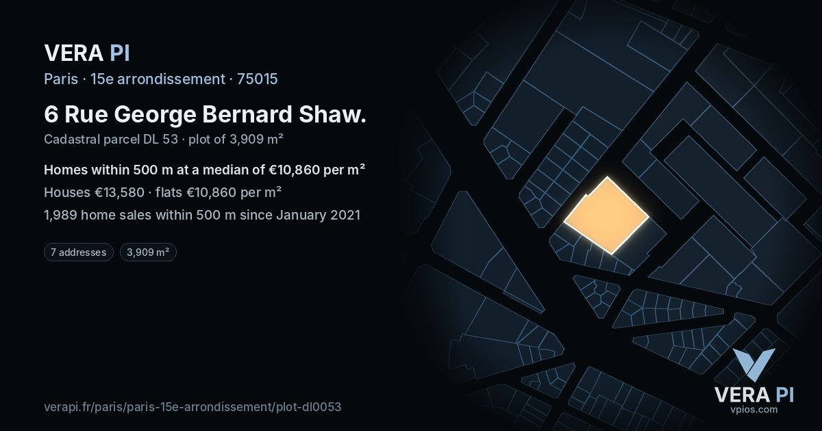 6 Rue George Bernard Shaw, 15e arrondissement at night – the plot lit, the parcels around coloured by the prices near them