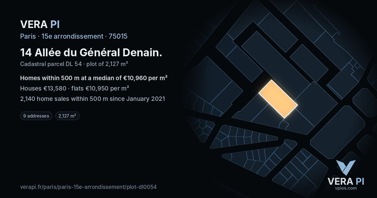 14 Allée du Général Denain, 15e arrondissement at night – the plot lit, the parcels around coloured by the prices near them