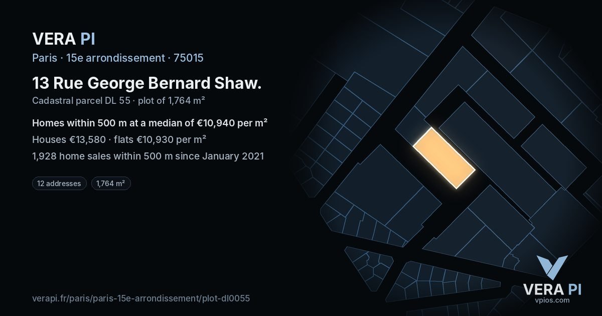 13 Rue George Bernard Shaw, 15e arrondissement at night – the plot lit, the parcels around coloured by the prices near them