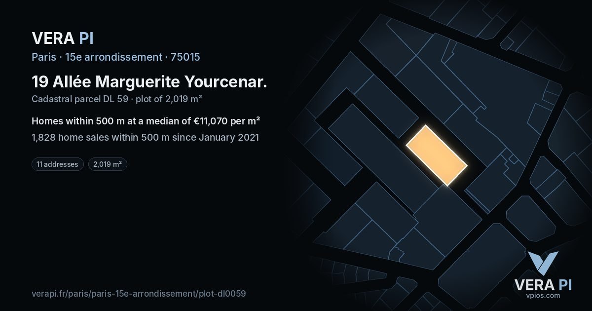 19 Allée Marguerite Yourcenar, 15e arrondissement at night – the plot lit, the parcels around coloured by the prices near them