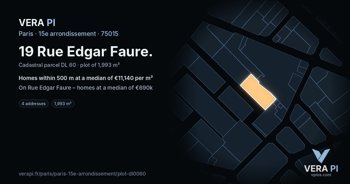 19 Rue Edgar Faure, 15e arrondissement at night – the plot lit, the parcels around coloured by the prices near them