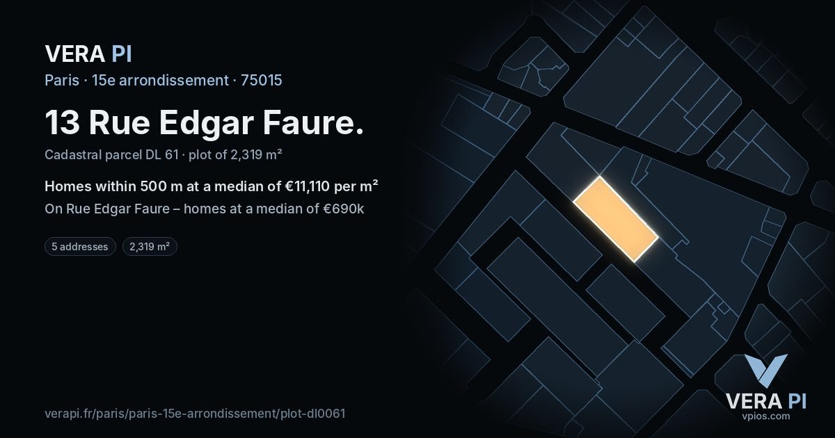13 Rue Edgar Faure, 15e arrondissement at night – the plot lit, the parcels around coloured by the prices near them
