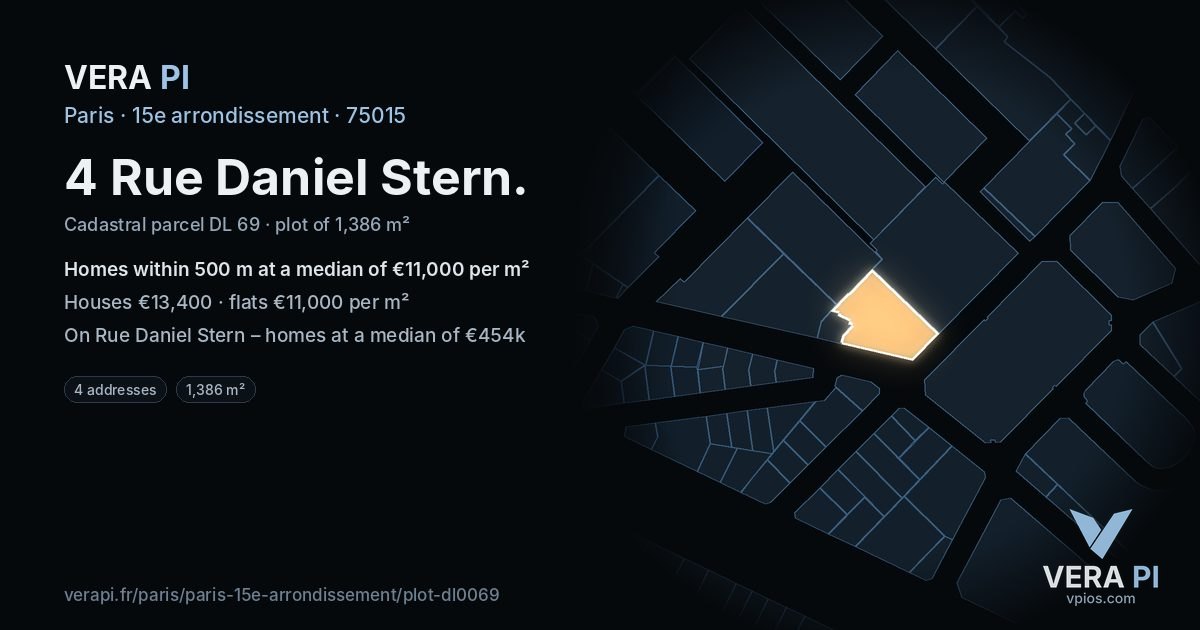 4 Rue Daniel Stern, 15e arrondissement at night – the plot lit, the parcels around coloured by the prices near them