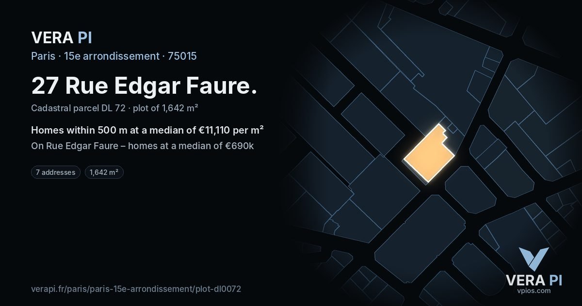 27 Rue Edgar Faure, 15e arrondissement at night – the plot lit, the parcels around coloured by the prices near them