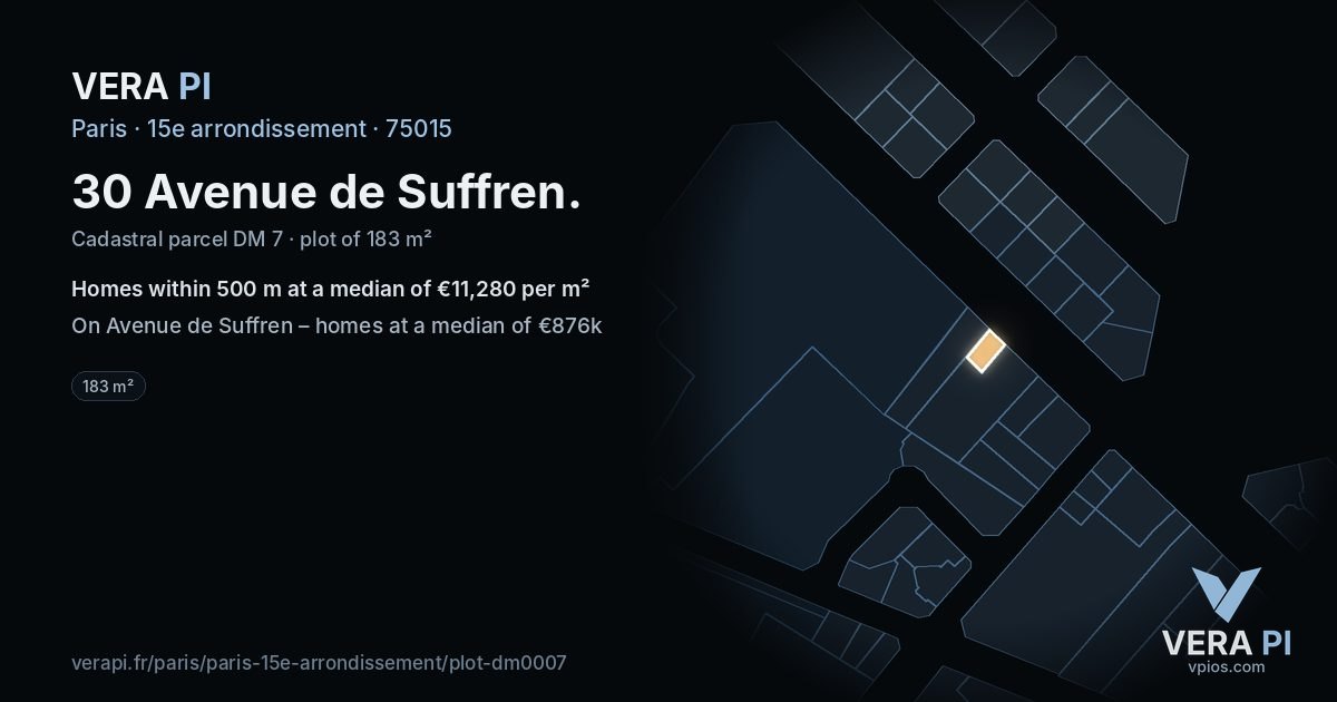 30 Avenue de Suffren, 15e arrondissement at night – the plot lit, the parcels around coloured by the prices near them
