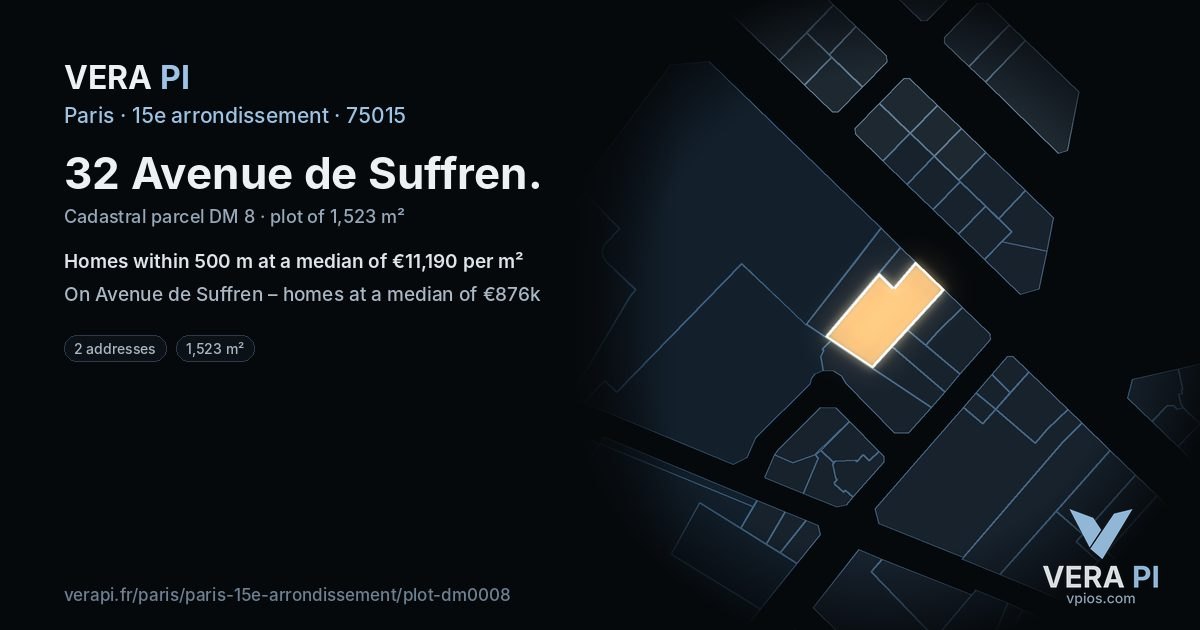 32 Avenue de Suffren, 15e arrondissement at night – the plot lit, the parcels around coloured by the prices near them